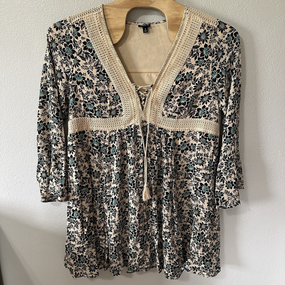 Torrid Size 2X Floral Print Gauze Lace-Up Mini Skater Dress Crochet Bell Sleeve